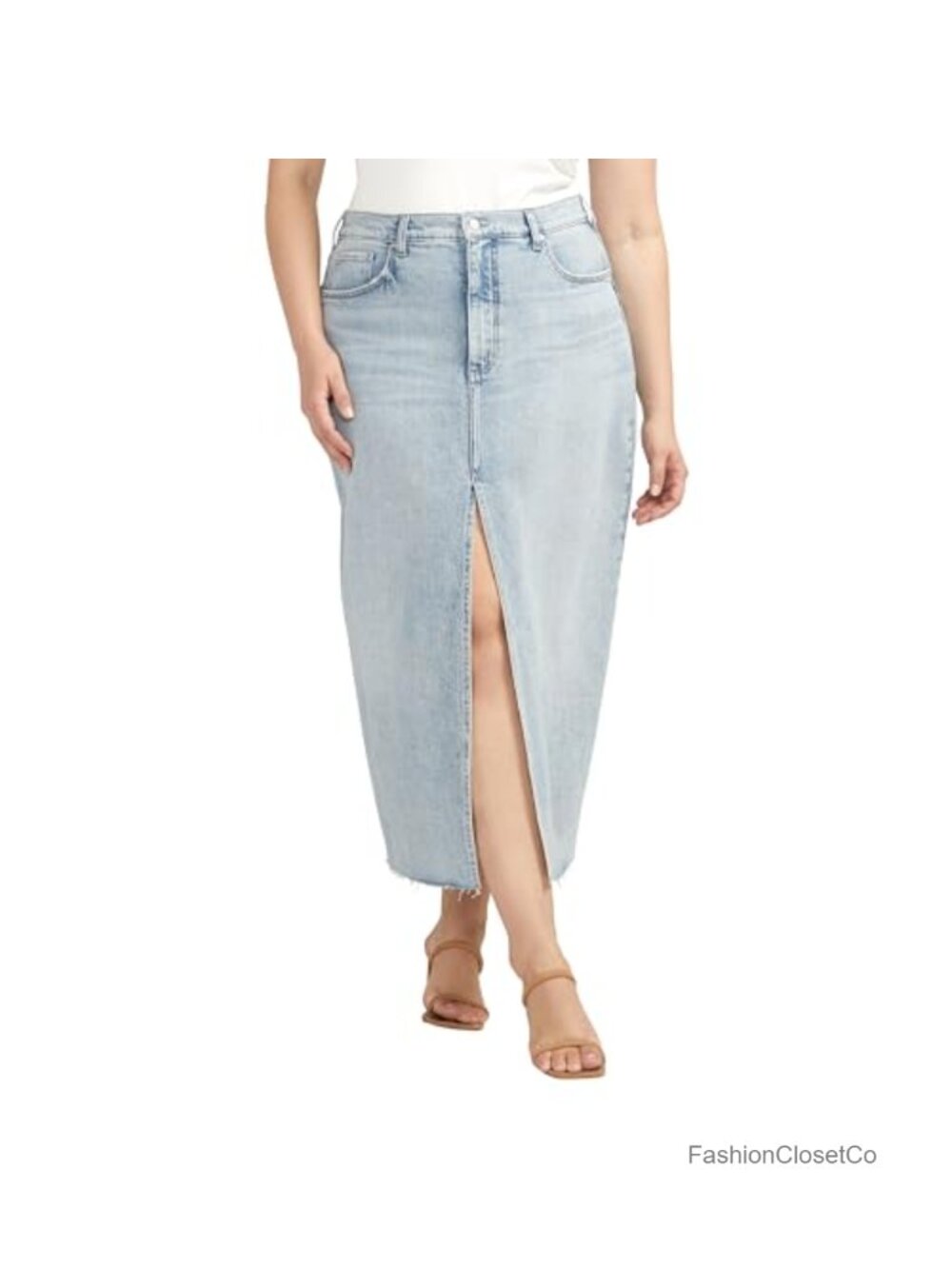 Plus Size Midi Jean Skirt with Front Slit | High Rise Denim
